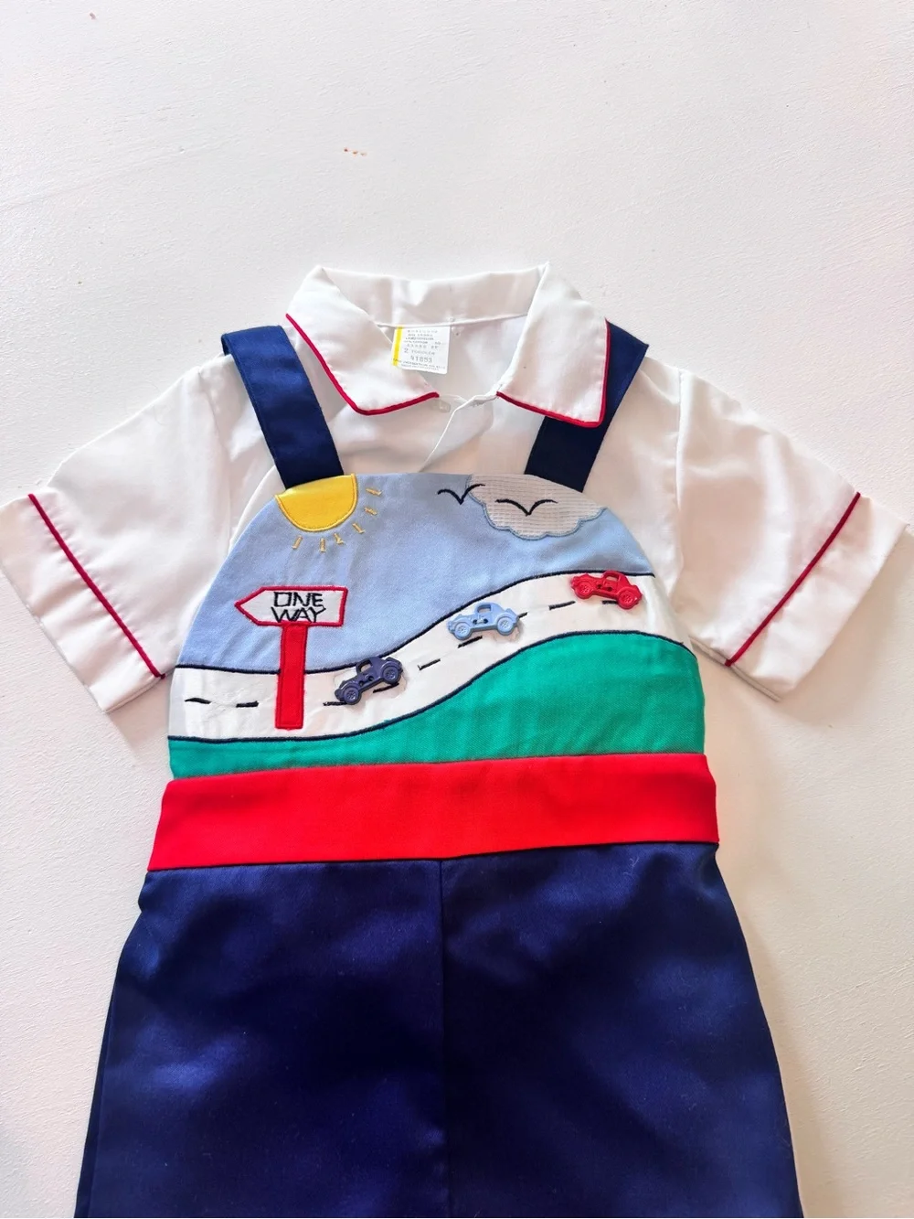 Vintage Boys Romper with Road & Car Appliqué — Navy, Red, Green, White
